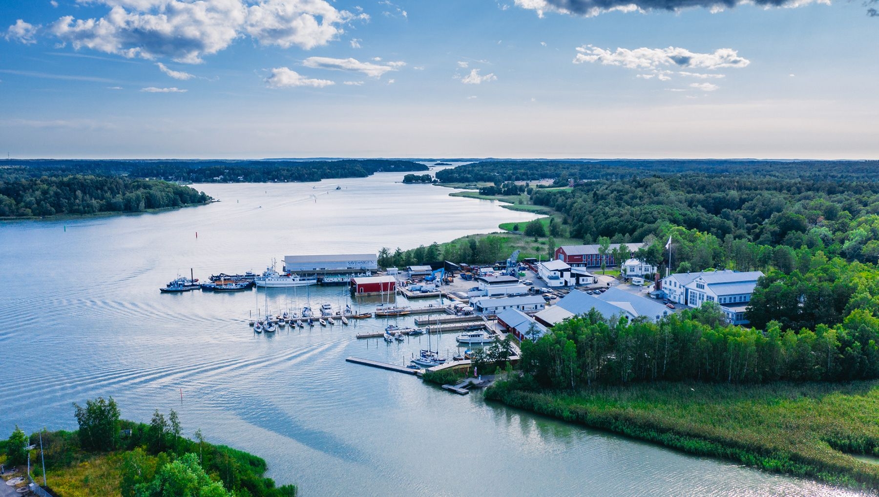 An aerial view of Ruissalo Boatyard on a summer's day.
