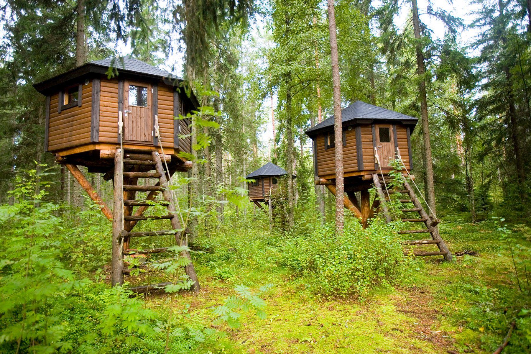 Kolme metsäkylän kuusikulmaista puumajaa metsässä Storfinnhovassa.